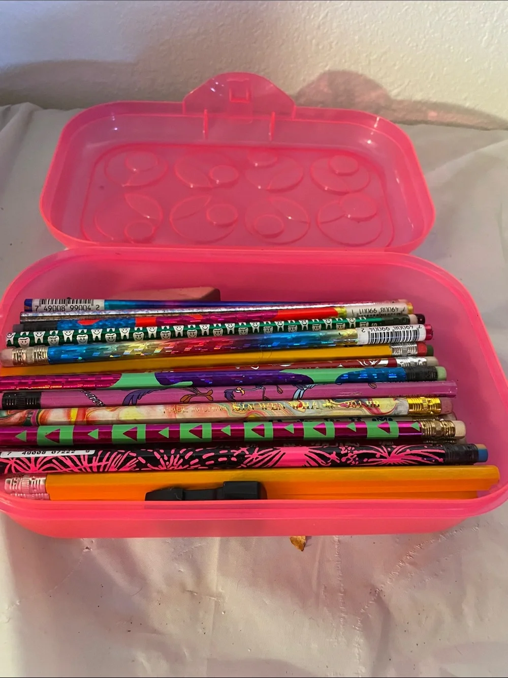 Pink Pencil Box with vintage Pencils